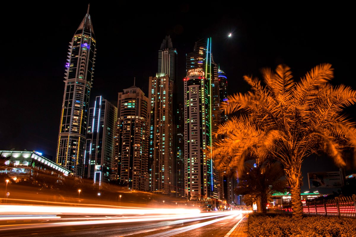 Light trails through Dubai Marina