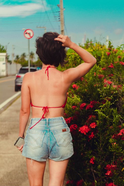 Free Back view of a young woman in a bikini top and denim shorts walking alongside a road with flowering plants. Stock Photo