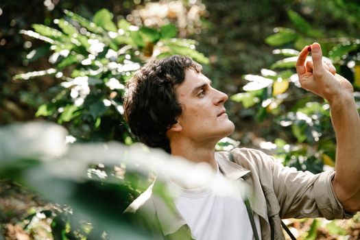 Contemplative male planter in casual outfit looking at ripe red coffee cherry in raised hand while standing in sunny verdant plantation