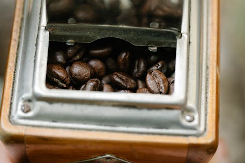 Free From above of dry coffee bean halves with pleasant aroma in mill box on blurred background Stock Photo