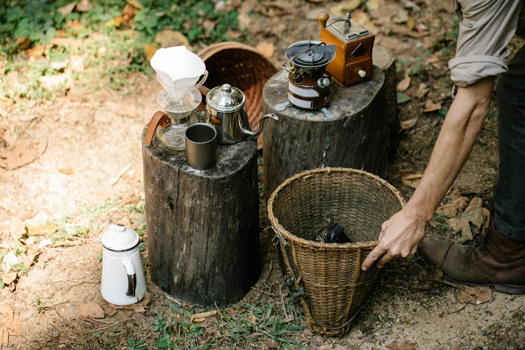 Crop Harvester On Path Against Coffee Maker And Grinder