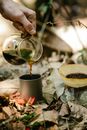 Crop unrecognizable male hiker pouring fresh hot coffee from chemex into metal mug placed on ground covered with dry fallen leaves at campsite