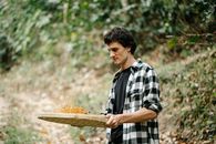 Farmer with sieve sorting dry coffee beans in countryside