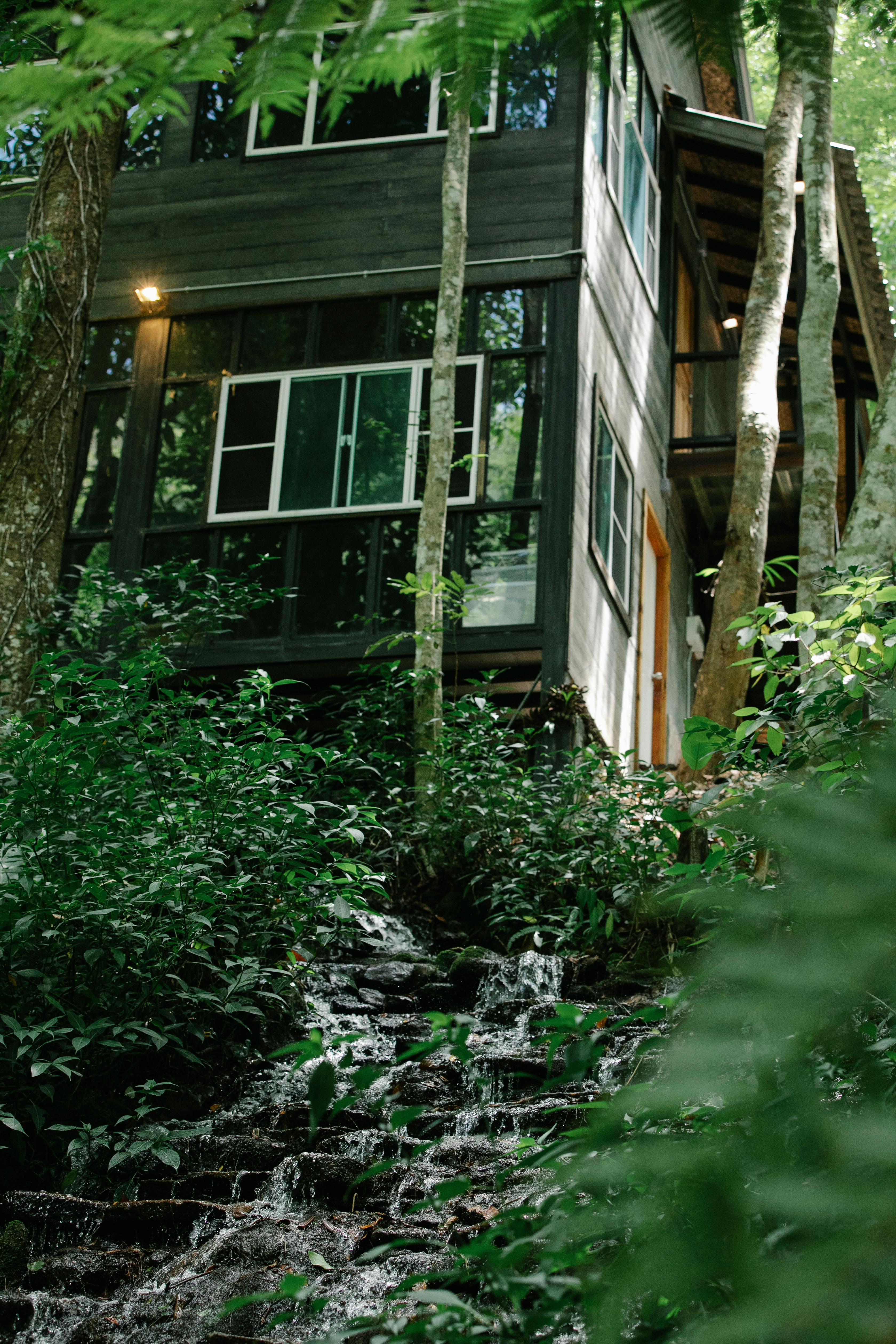 From below facade of wooden cottage in green forest near waterfall streaming through rocky steps