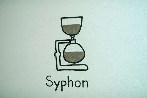 White wall with painting on alternative syphon coffeemaker and inscription in modern cafe
