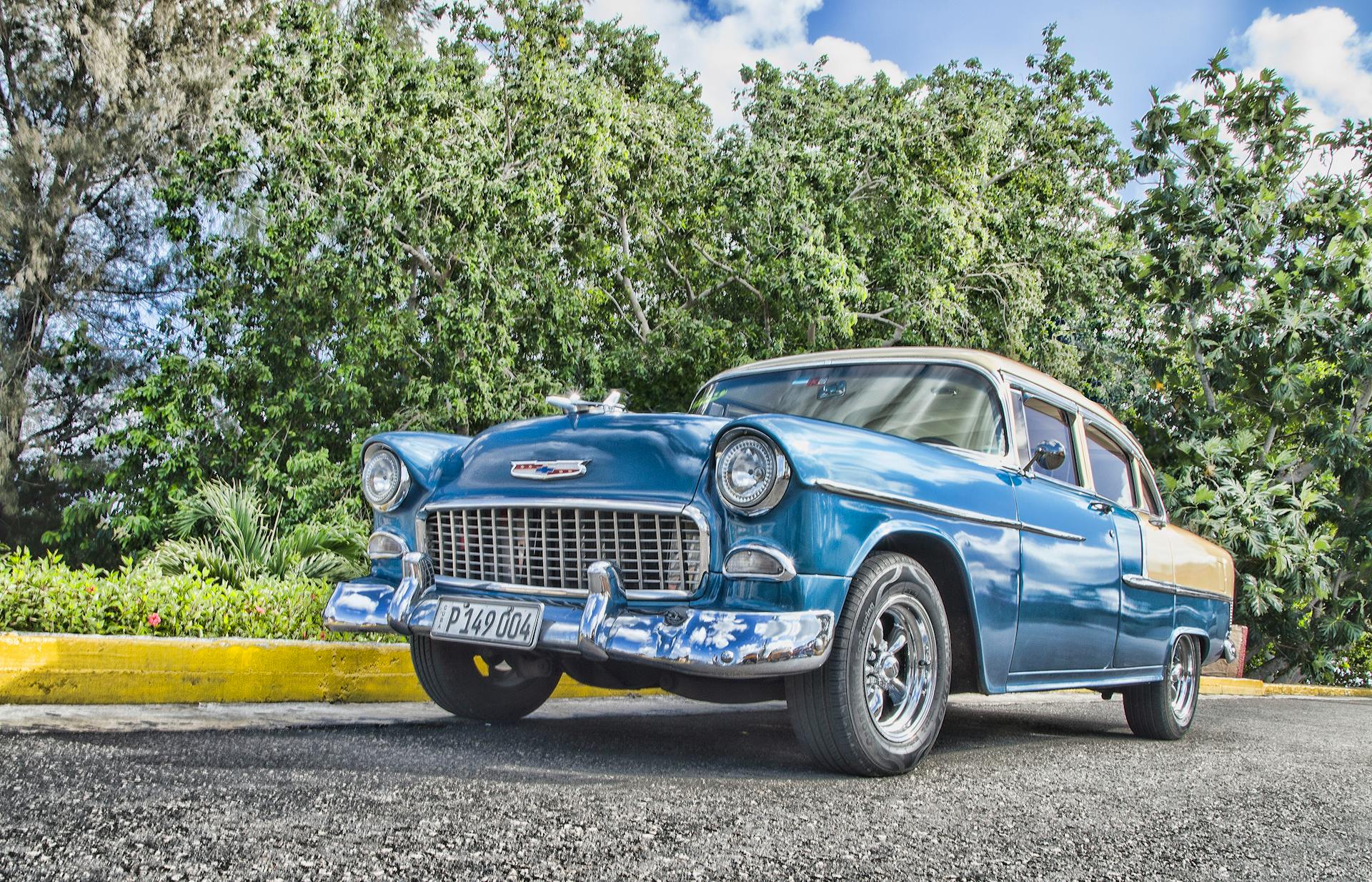 A classic blue car with chrome details parked outdoors against a lush green background.