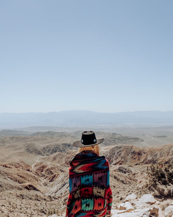 Back View of a Person Wearing Colorful Poncho and Cowboy Hat Overlooking the Vast Desert
