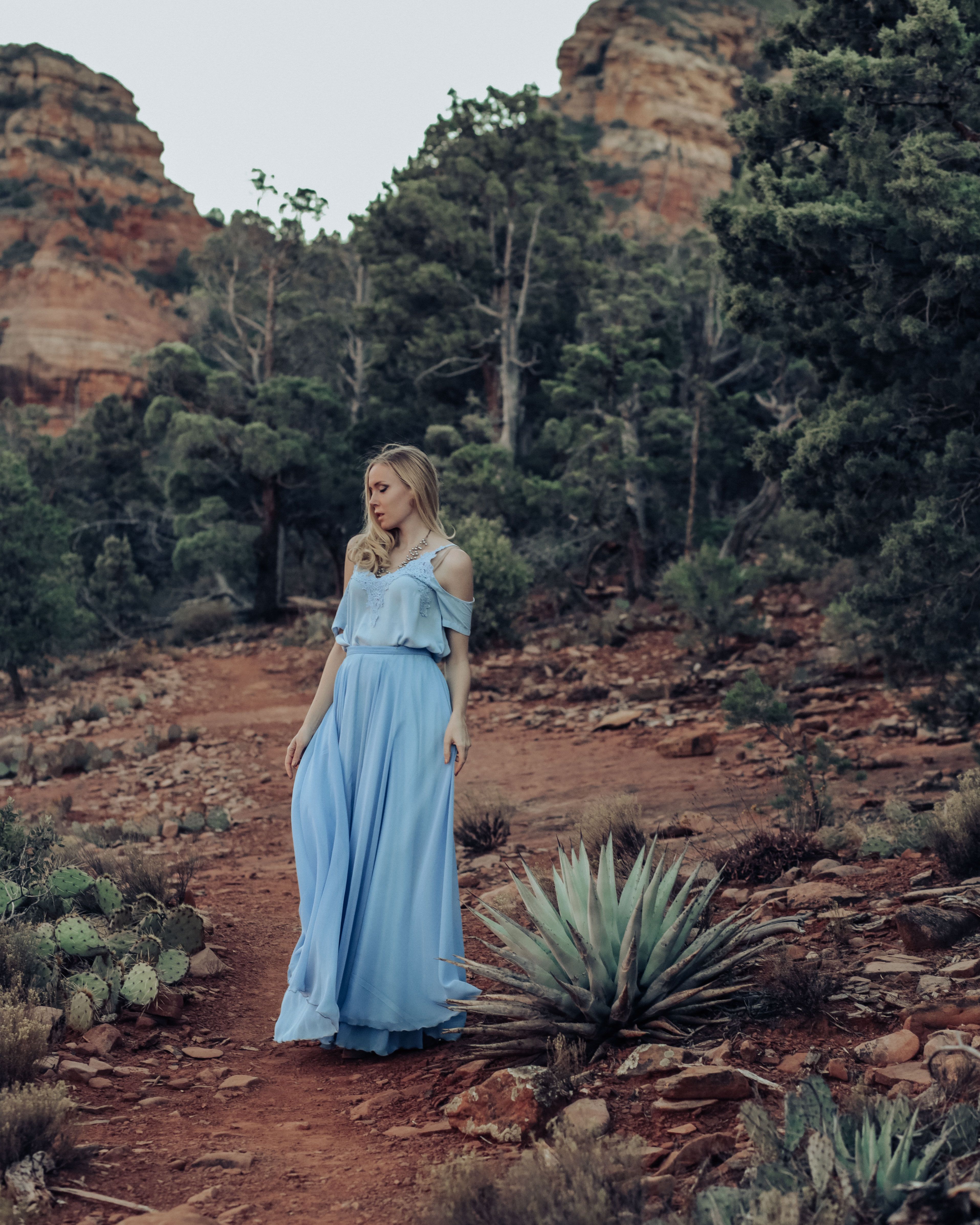 A Woman in Blue Dress Standing Near the Trees · Free Stock Photo