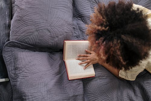 Free A Person with Afro Hair Reading a Book Stock Photo