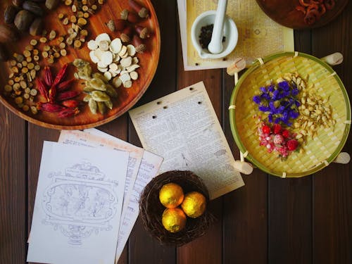 Table with Ingredients and Recipes for Traditional Medicines