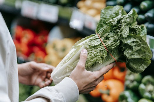 Person choosing fresh lettuce among a variety of vegetables in a supermarket.