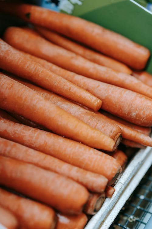 Healthy product of raw carrots with dry peel in rows in box on blurred background