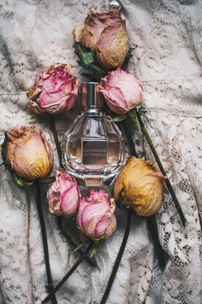 Dried flowers composition with perfume bottle · Free Stock Photo