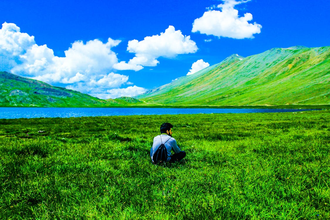 Free Boy Sitting on Green Grass Field Stock Photo