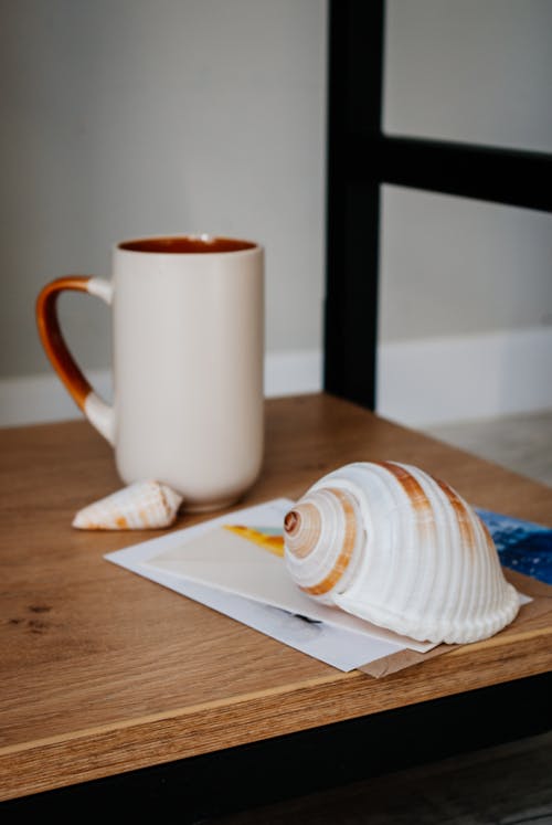Mug near seashell placed on postcards