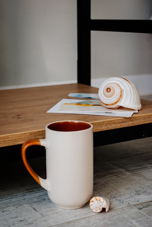 Creative cup with coffee composed with shell on floor near timber shelf at home