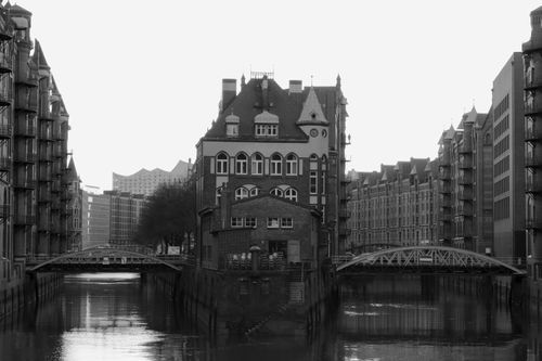 Free Black and white image of the iconic Speicherstadt warehouse district in Hamburg, Germany. Stock Photo