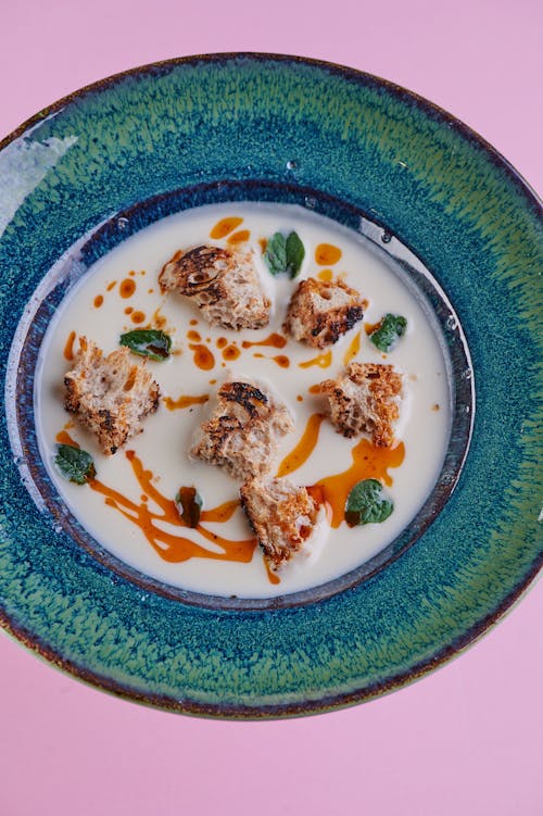 Overhead Shot of a Bowl of Soup with Croutons