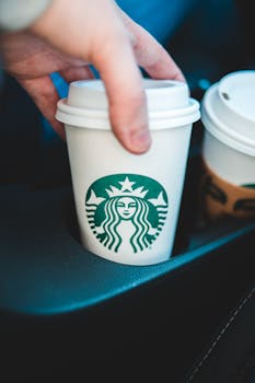 Close-up image of a hand holding a Starbucks coffee cup in a car's cup holder.