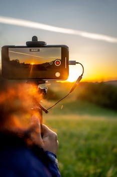 A person records a stunning sunset using a smartphone and selfie stick.