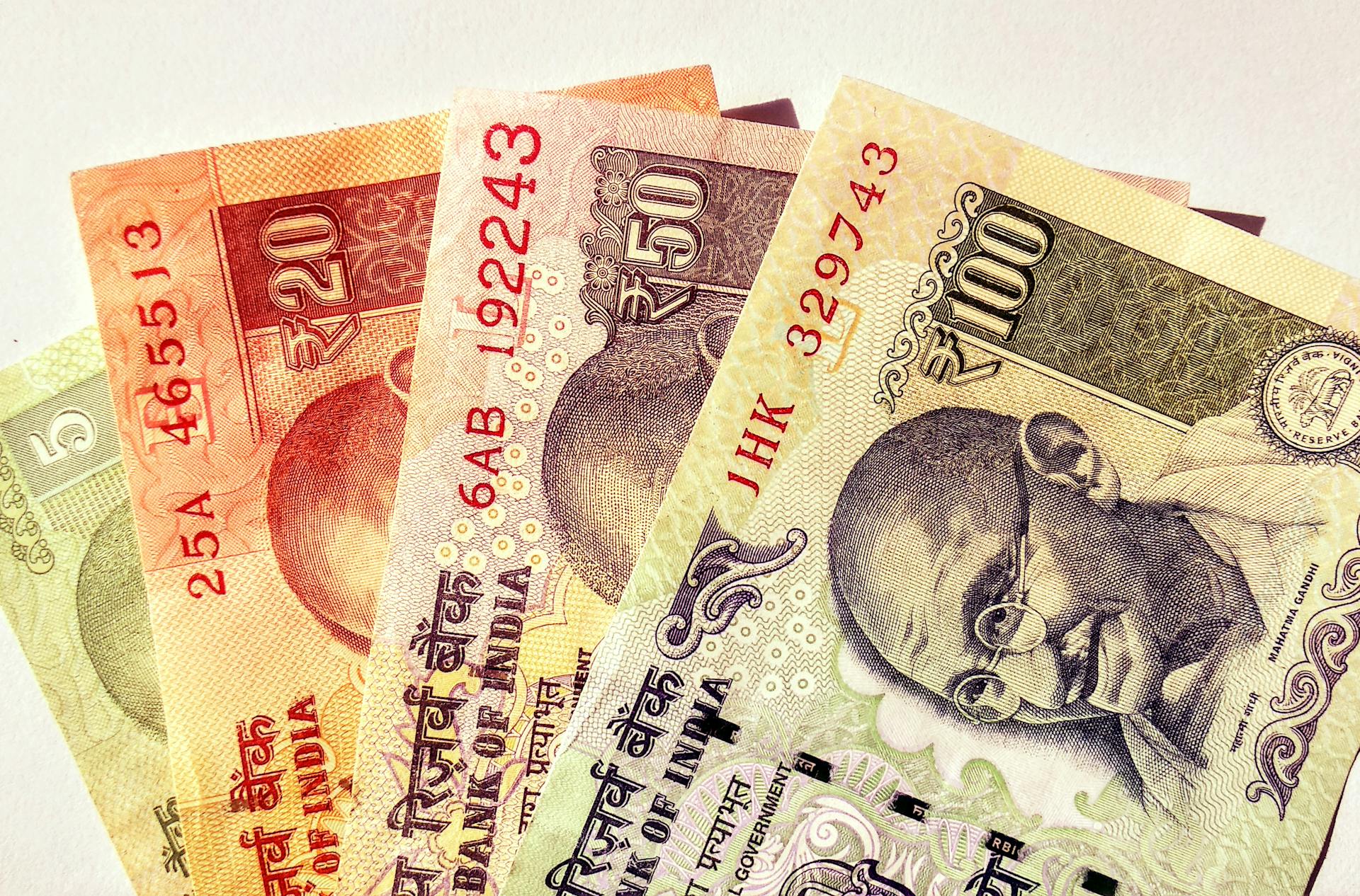 Close-up image of Indian rupee banknotes in various denominations, showcasing currency design.