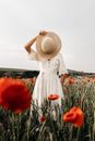 Anonymous female in elegant dress covering face with straw hat while standing on field with blooming red flowers in countryside