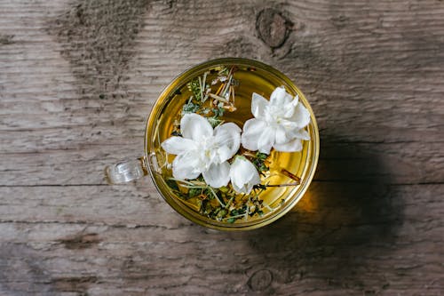 Free Cup of healthy floral tea placed on timber table Stock Photo