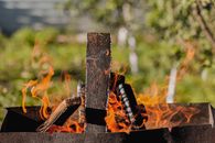 Firewood in brazier in green garden