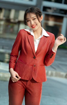 Smiling Asian woman in red business suit, standing outdoors, exuding confidence.