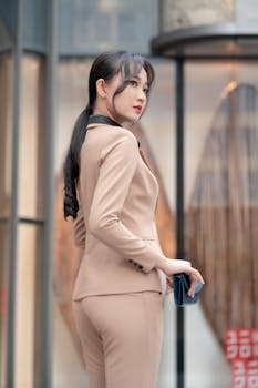 Asian woman in corporate attire standing outdoors holding a smartphone.