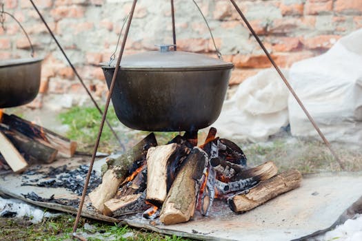 Metal pots hanging over burning cut tree trunks on metal sheet in daytime on blurred background