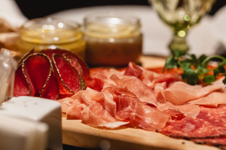 Tasty Cured Meat Slices On Tray In Restaurant