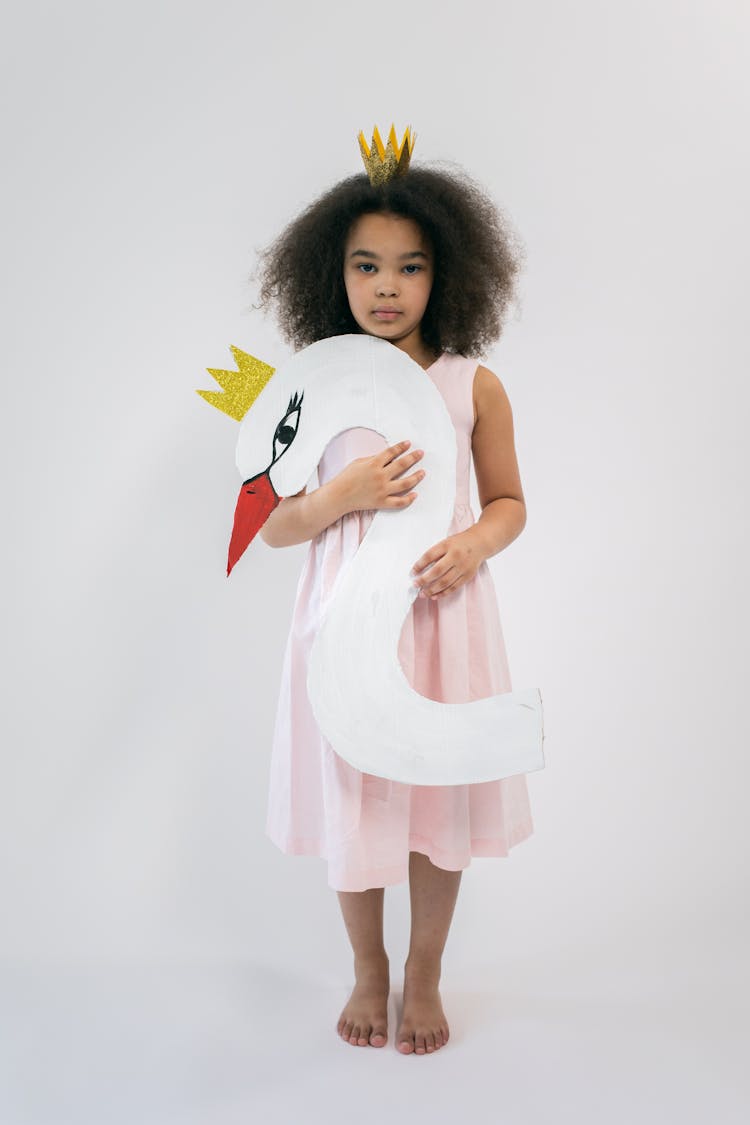 Girl In Dress And Crown Holding Paper Swan