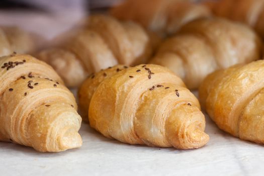 Delicious baked croissants with little brown sesame seeds on top placed on white cloth in bakery
