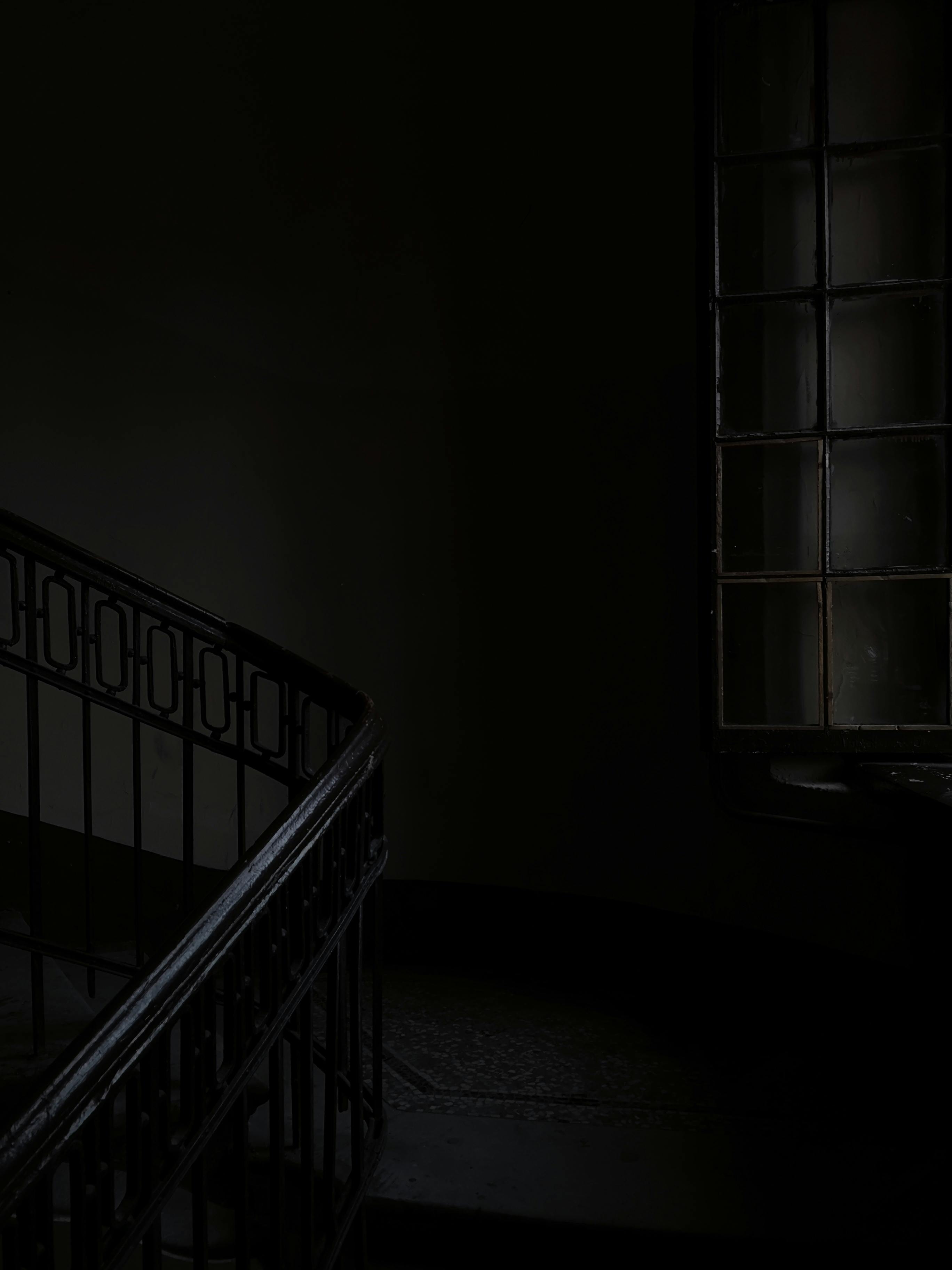 Black and white of dark stairway with dark railings placed in residential buildings