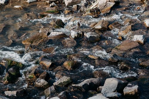 Free From above of fast clear creek flowing on rough boulders in rocky terrain Stock Photo