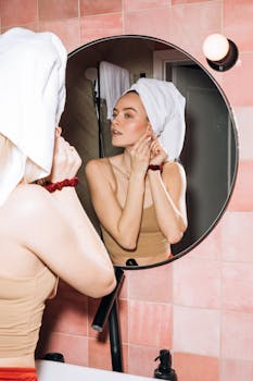 Young woman in pink bathroom practicing skincare with a towel on her head, reflecting in mirror.