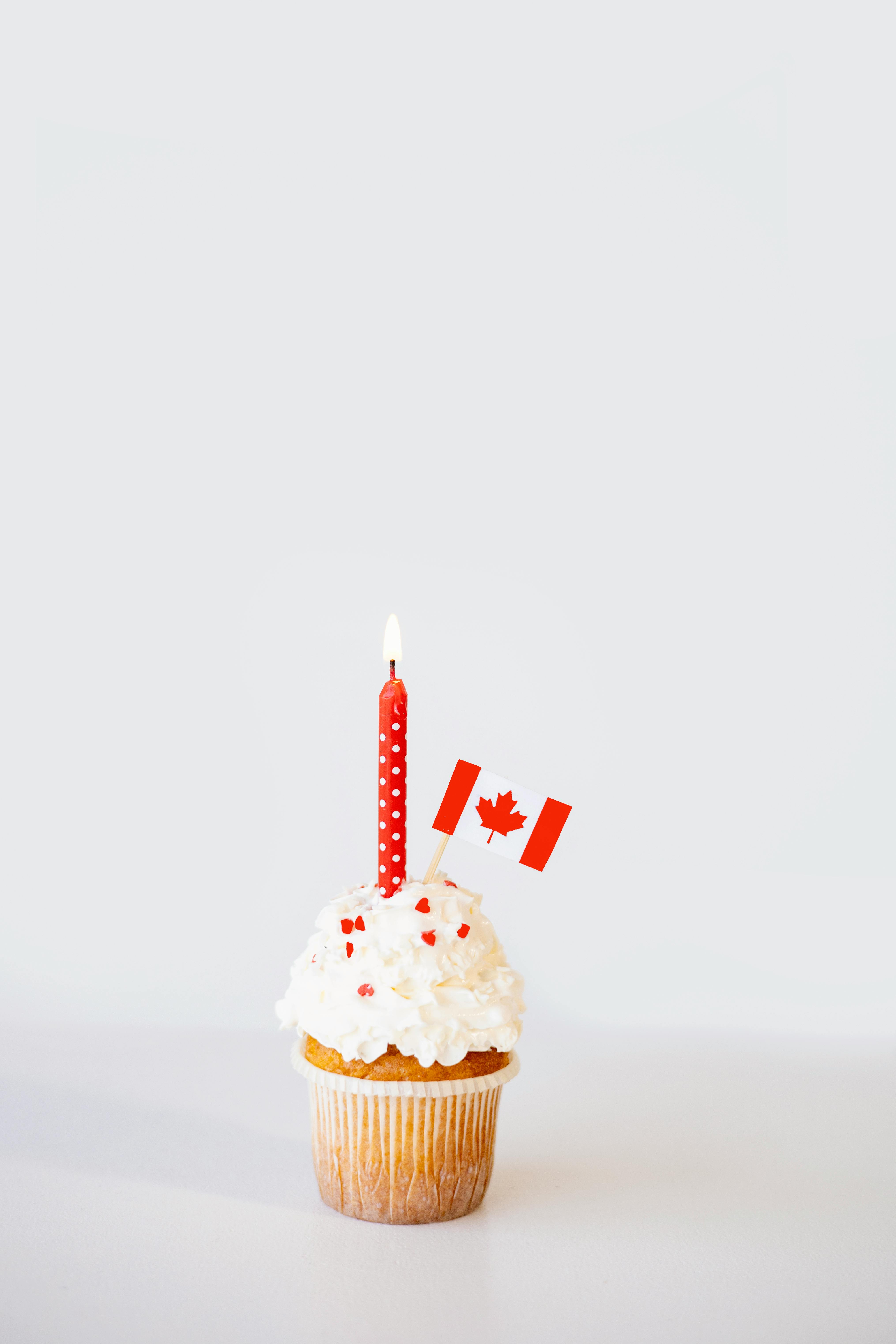 cupcake with white icing and red lighted candle