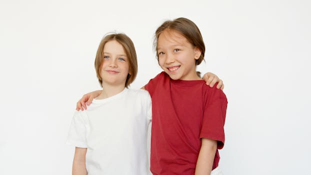 Two smiling kids embracing each other indoors against a white backdrop, conveying friendship and joy.