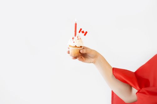 Free A hand holding a cupcake with a lit candle and Canada flag, symbolizing celebration. Stock Photo