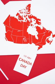 Red and white Canada map design celebrating Canada Day on 1st July.