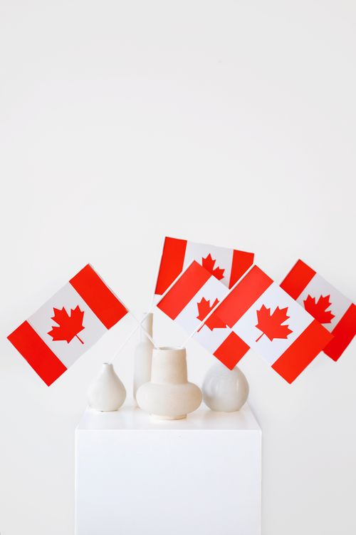 Free Simple and elegant Canadian flags displayed with minimalist white vases on a pedestal. Stock Photo