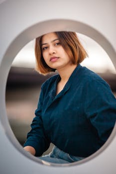 Young woman with short hair posing through a circular frame, wearing casual attire.