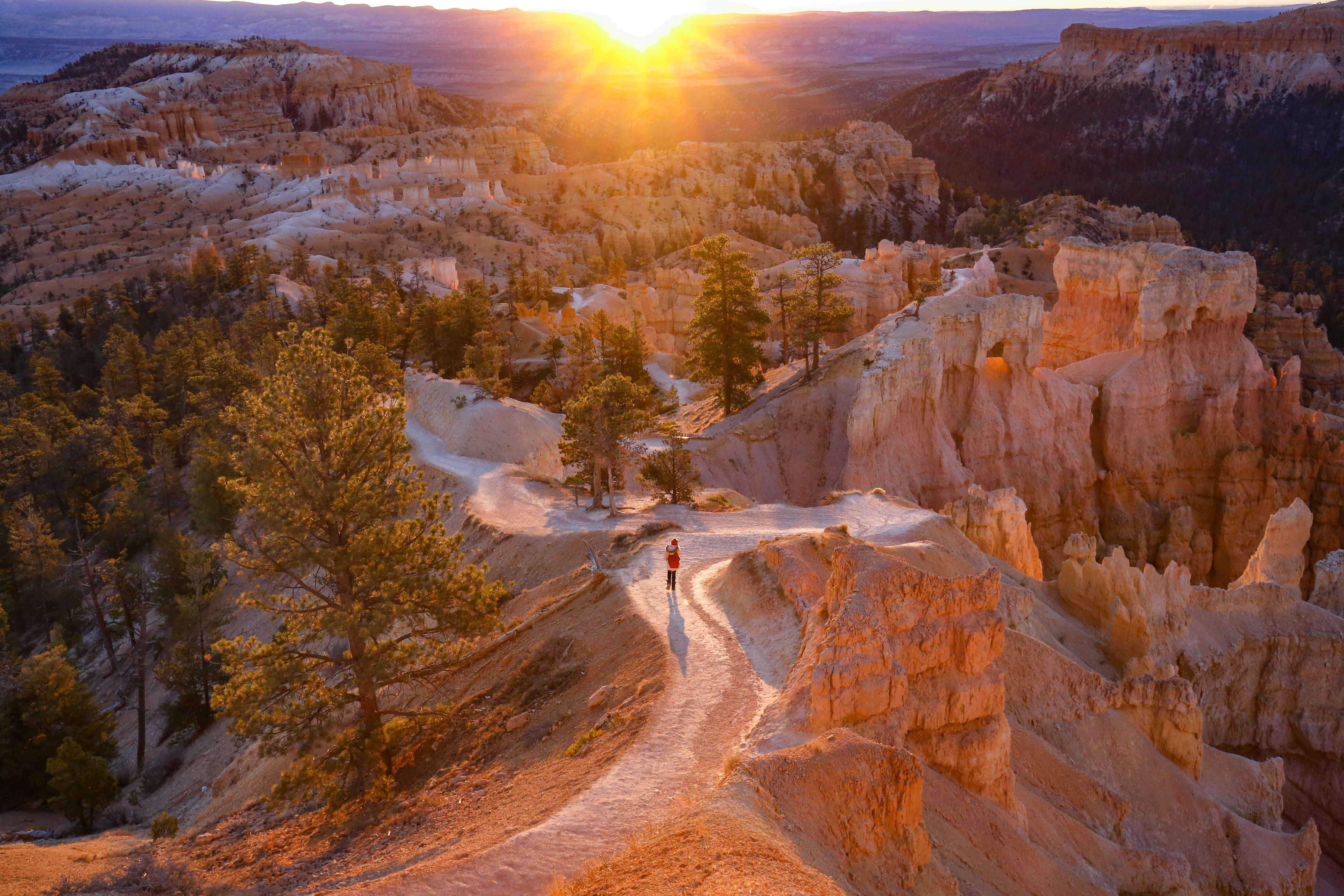 Explore the stunning beauty of Bryce Canyon with an aerial view at sunrise, capturing the vibrant glow on the rocky landscape.