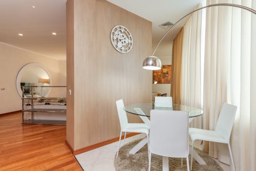 Stylish dining room with modern furniture and unique decor elements for a contemporary home.