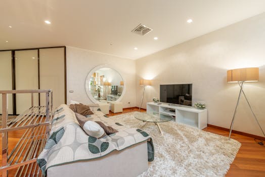 A stylish and cozy living room with modern decor and soft lighting.