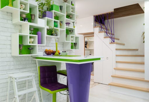 Bright modern kitchen with green and purple decor, showcasing creative design and spacious layout.