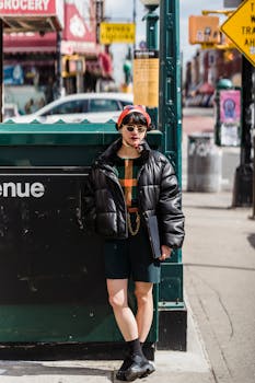 Fashionable woman with a headscarf stands confidently in city street.
