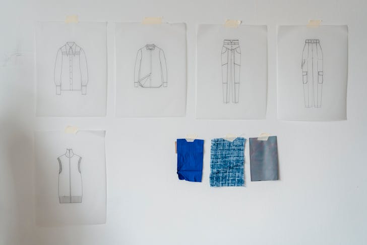 Sketches and textile on wall