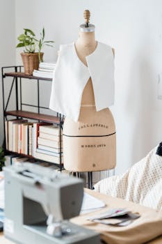 Table with professional sewing machine placed near mannequin with white cloth near wall in light modern atelier with collection of books